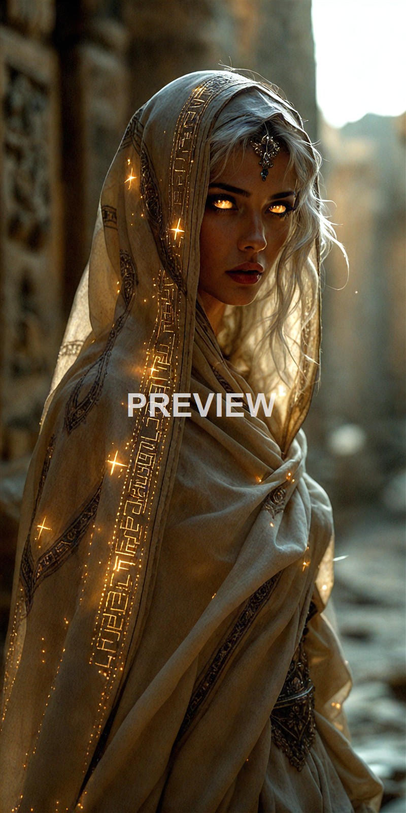 A woman with glowing golden eyes, wearing an ornate hooded cloak with intricate patterns and glowing details, stands in front of a blurred ancient stone structure.
